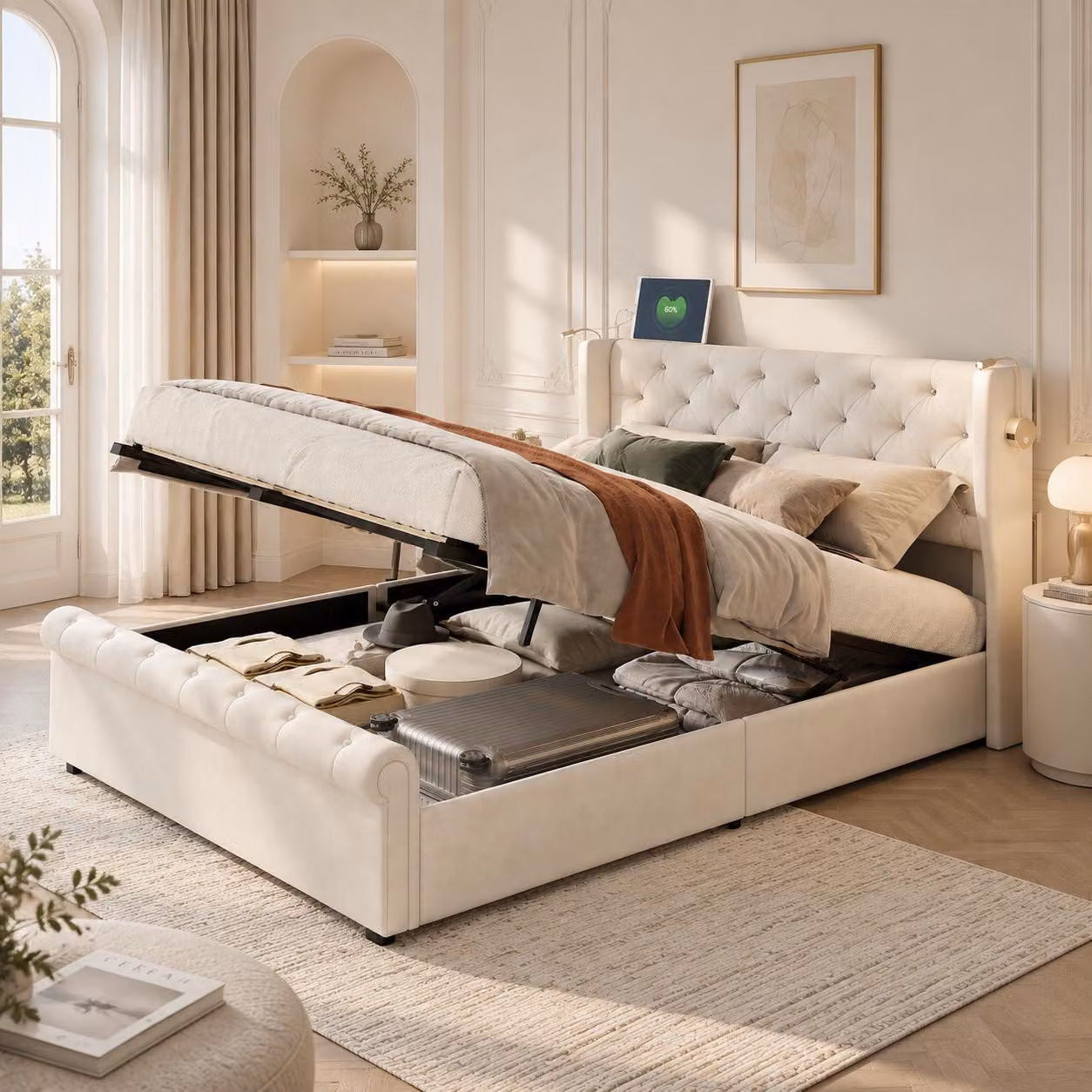 Letto matrimoniale idraulico INONEFT, 140x190 cm, con prese USB, letto a due piazze per ragazzi con lampada da comodino, struttura del letto con rete a doghe, tessuto velluto color beige