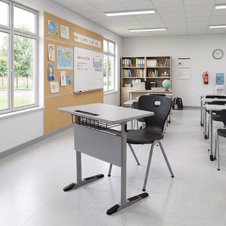 Set scolastico moderno ed ergonomico, grigio: banco da scuola nero e sedia, tavolo singolo