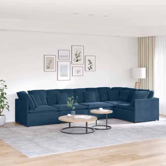 Divano Modulare a Forma a U in Velluto Blu vidaXL con Cuscini e Struttura in Metallo e Legno – 1