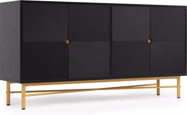 Credenza nera 160x40x82 cm con quattro ante, maniglie spazzolate color oro e piedi lucidi