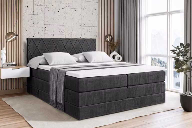 Letto boxspring ALTDECOR con 2 materassi e topper - 120x200 cm - LEPARO KING - Velluto nero - Letto imbottito con materassi H3 e H4, contenitore e rete a doghe, letto con spazio di stivaggio