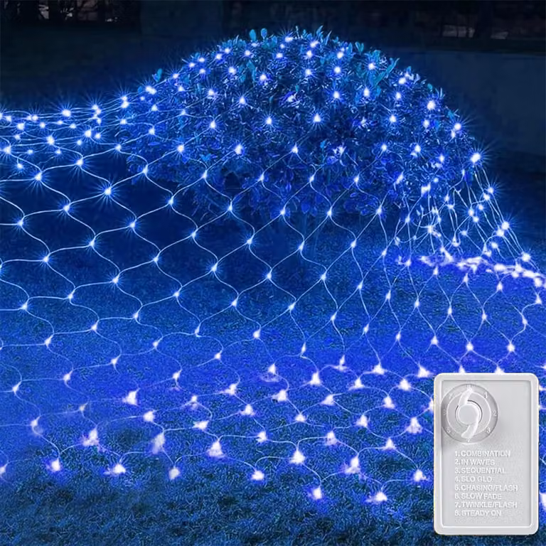 Rete luminosa 1.5X1.5m 102Leds Blu LED Fairy Lights Net Light Curtain Elettricità 8 Modalità di luce Funzione di memoria Festa di Natale Giardino Camera Balcone Decorazione