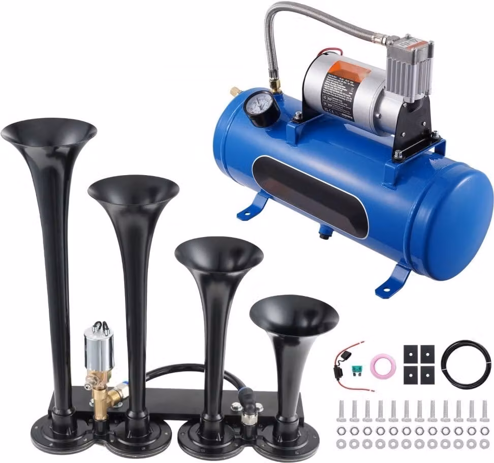 set di trombe da treno da 190W, set di trombe d'aria a 4 trombe - Suono forte per camioncini - 150 dB - Compressore d'aria da 12V 90-120 psi - Serbatoio da 6L con manometro - Universale per auto, camion, treno, furgone, barca ecc.