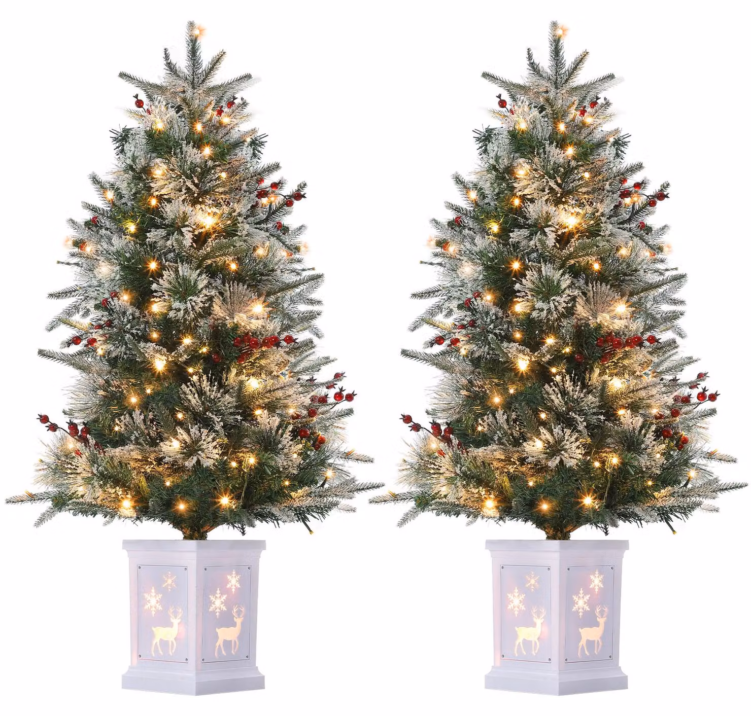 Albero di Natale artificiale, innevato, 90 cm (3.0 piedi), con rami fitti che ricordano un abete o un pino, con luci LED e punte degli aghi innevate. Montaggio con sistema a cerniera, dotato di base in metallo