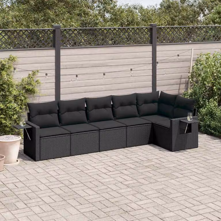 Set Divano da Giardino vidaXL 6 pz in Polyrattan Nero con Cuscini e Tavolino da Esterno a Forma di L