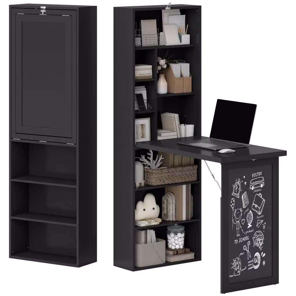 Scrivania Moderna Pieghevole con Libreria e Lavagna in Legno e Metallo, Nero, L: 98 cm, P: 51 cm, H: 153 cm – 2