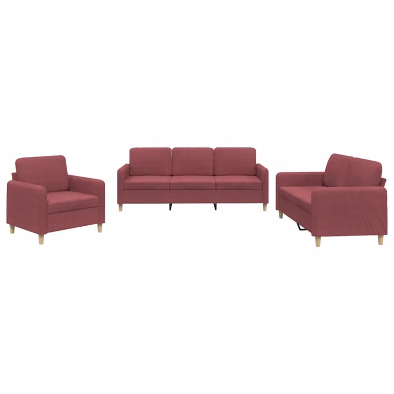 set divano 3 pezzi con cuscini in tessuto rosso vino