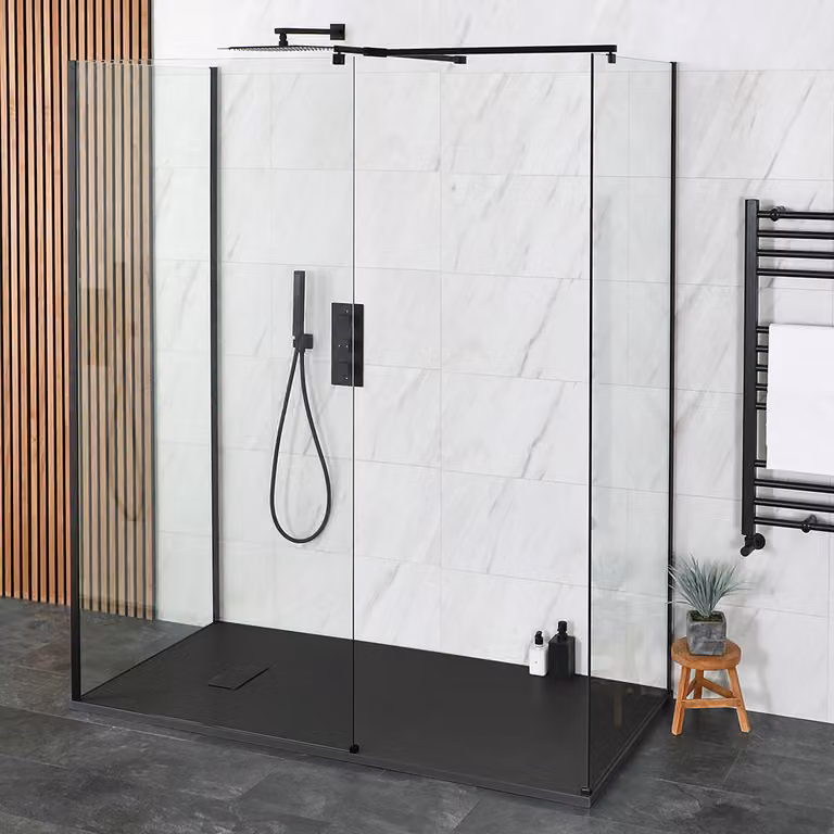 Doccia Walk-in a Tre Lati - 1100mm x 700mm - Piatto Doccia Bianco - Braccio a Soffitto