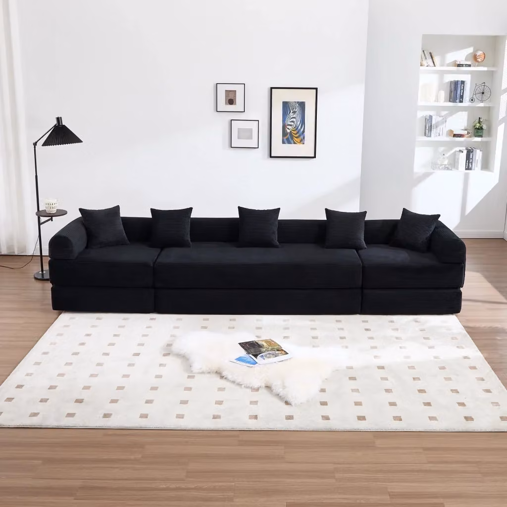 Divano modulare Chicfurn trasformabile in letto con tasca laterale in velluto a coste nero per soggiorno L: 270 cm, P: 180 cm, H: 64 cm – 2