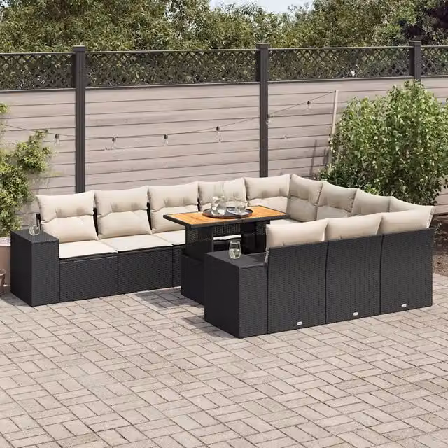 Set di Divani da Giardino a Forma di U vidaXL in Polyrattan e Legno di Acacia con Cuscini Bianchi e Nero