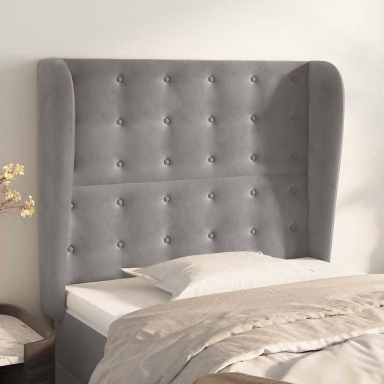 Testiera ad orecchio vidaXL in velluto grigio chiaro con struttura in legno e MDF, L: 103 cm, P: 23 cm, H: 118-128 cm