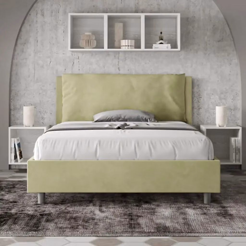 Letto matrimoniale francese con contenitore imbottito Ityhome Antea Large in microfibra colore tè verde L/P: 140 x 190 cm – 2