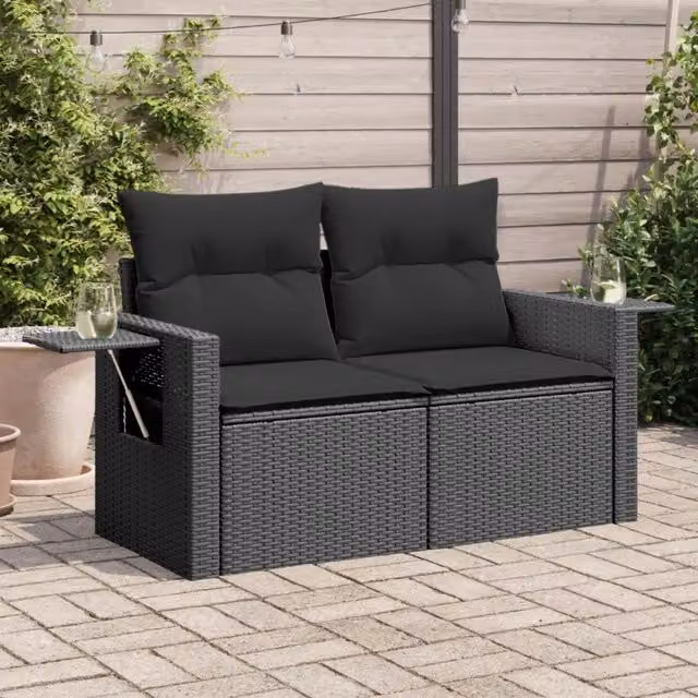 Divano da Giardino con Cuscini a 2 Posti-Sofa da Giardino-Divano da esterno Nero in Polyrattan 727054