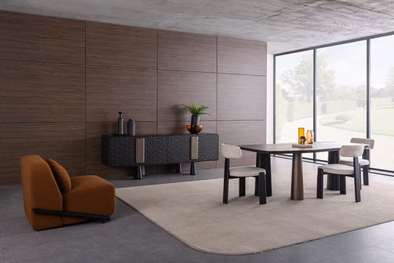 Schwarzes Esstisch Set, 9-teilig, mit Stühlen, Kommode, Sessel, Modern