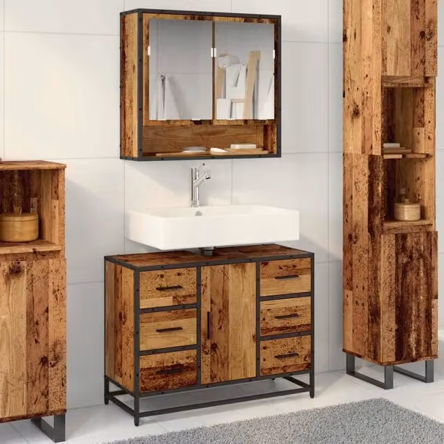 Mobile da bagno moderno vidaXL in legno e metallo marrone con ante a battente L: 80 cm, P: 33 cm, H: 60 cm