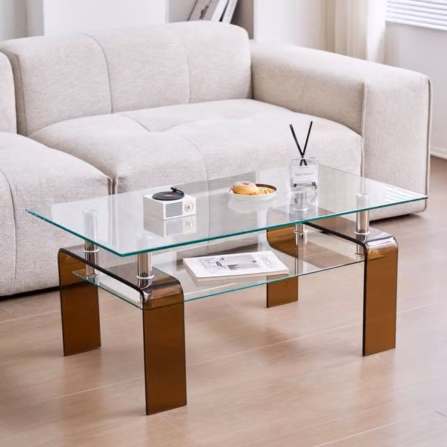 Tavolino da caffè 100x55x45 cm a due ripiani in vetro temperato e metallo trasparente