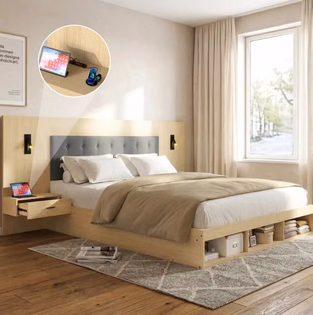 Letto matrimoniale 160x200 cm con contenitore; USB-C; lampade e comodini in MDF rovere chiaro