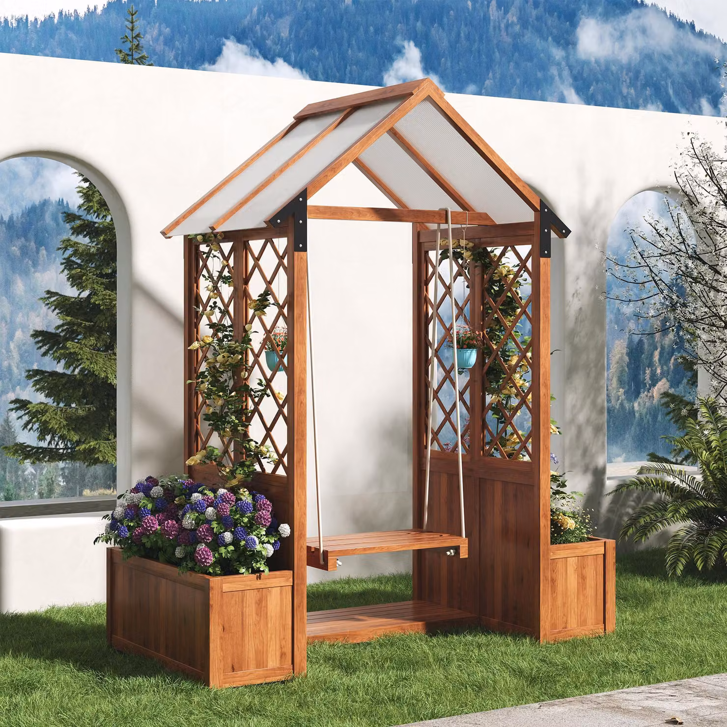 Fioriera con Grigliato e Altalena in Legno Aosom per Giardino o Terrazza, Marrone, L: 142 cm, P: 70 cm, H: 163 cm – 2