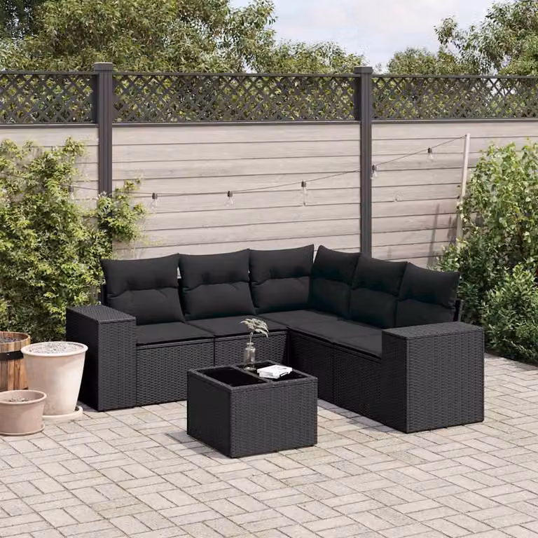 vidaXL Set Divano da Giardino a L 6 pz con Tavolino Nero in Polyrattan e Cuscini Imbottiti
