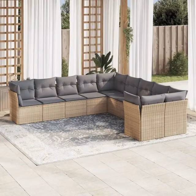 Set Divano da Giardino 10 pz con Cuscini Beige in Polyrattan 3250078