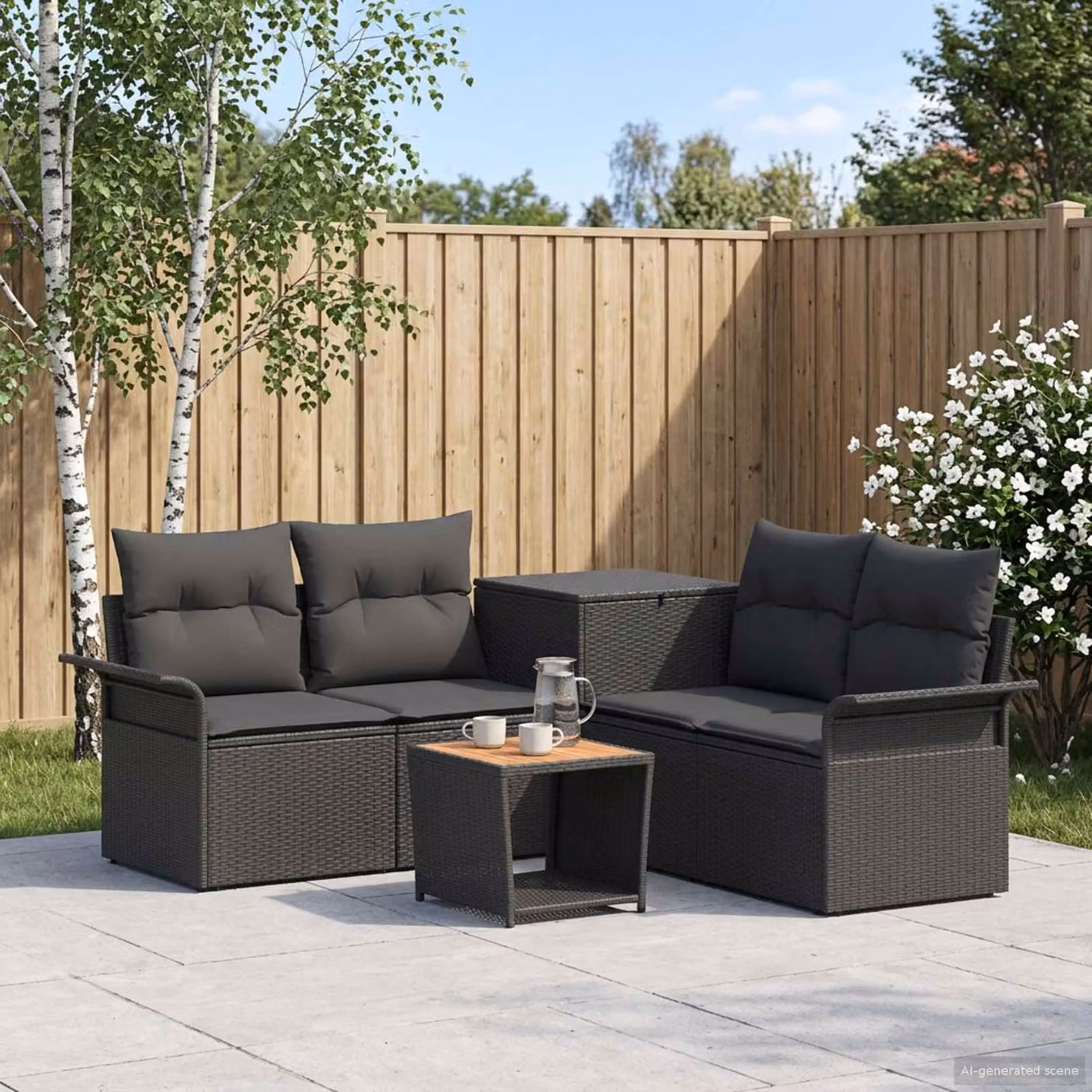 Set di divani da giardino vidaXL a forma di L composto da 6 pezzi in rattan sintetico e acciaio nero con cuscini inclusi e tavolino da caffè