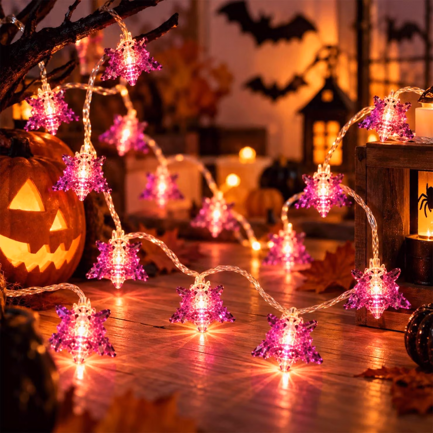 Catena luminosa a forma di pipistrello, 20 LED, colore viola, lunghezza 3 metri, materiale plastico, grado di protezione IP44, ideale per Halloween