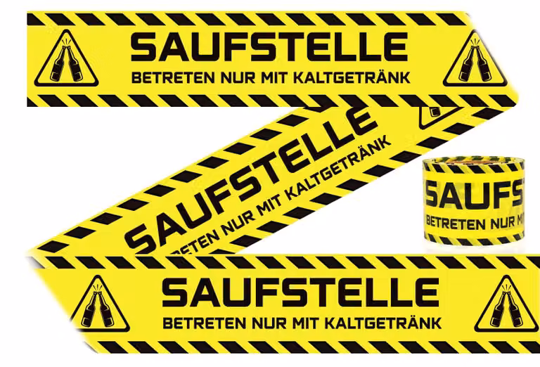 Nastro segnaletico per feste "Saufstelle", giallo, lunghezza 50 metri, ideale per eventi e feste