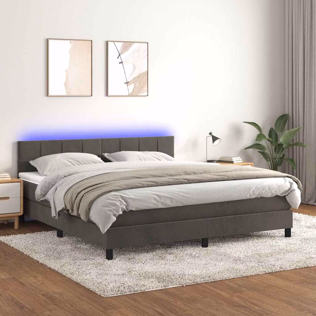 vidaXL Letto Ibrido con Materasso, Illuminazione LED Sotto il Letto e Porte USB, Rivestimento in Velluto Grigio e Bianco, L/P/H: 160 x 200 x 88 cm – 1
