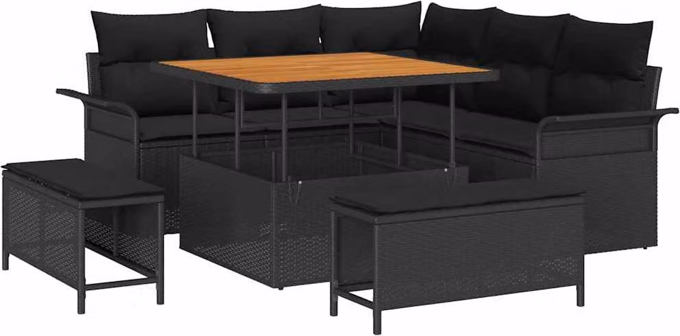 Set Divano da Giardino con cuscino 8 pcs Nero polyrattan