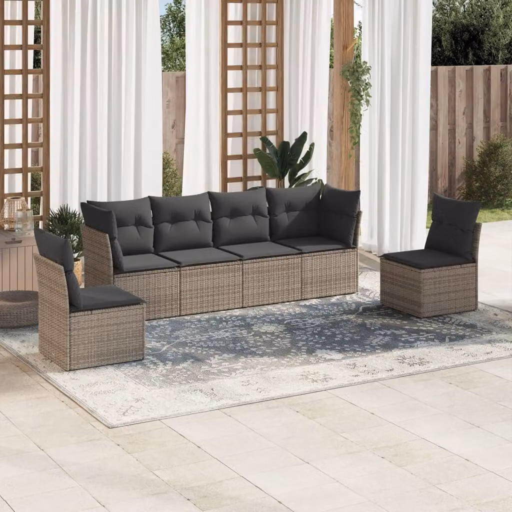 vidaXL Set Divano da Giardino a L in Polyrattan Grigio con 6 Cuscini Imbottiti e Coperture Rimosse – 1