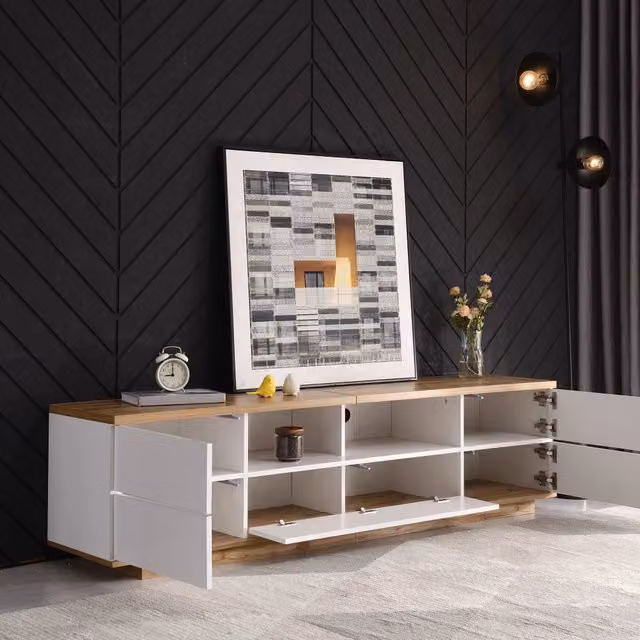 Mobile TV Mivray moderno in MDF bianco con finitura effetto legno per soggiorno, L 180 cm x P 46 cm x H 38 cm