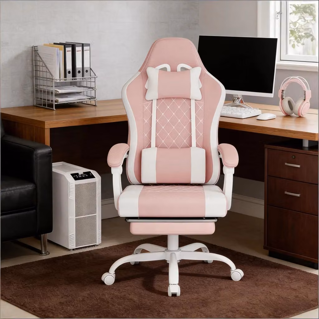 Sedia da ufficio ergonomica girevole REDOM con massaggio e poggiatesta, tessuto mesh, Rosa/Bianco, L/P/H: 70 x 70 x 127 cm – 2