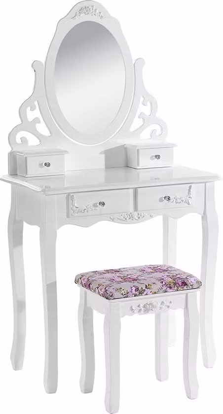 WOLTU MB6024cm Tavolino da toeletta con specchio e 4 cassetti, tavolino da trucco 75x139x40 cm in MDF con sgabello, bianco