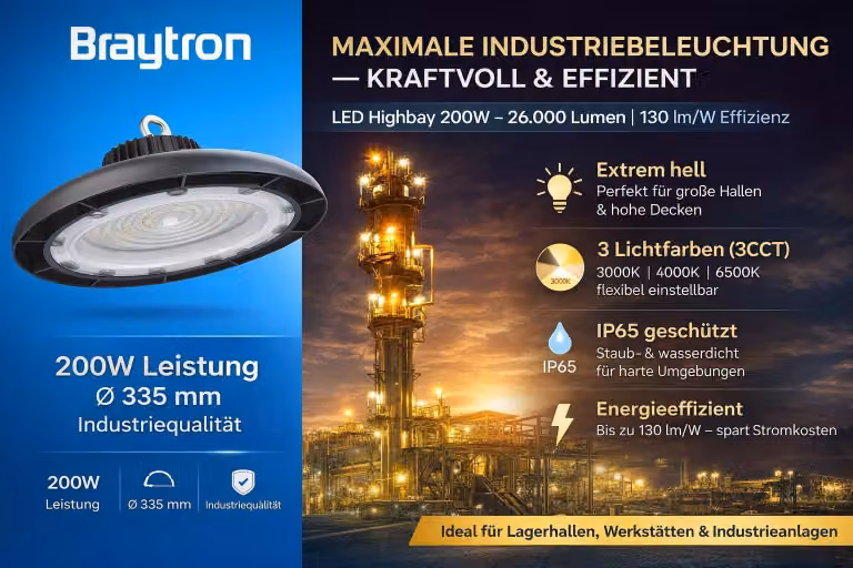 Braytron Lampada a LED per capannoni 200 W 3CCT (bianco caldo, bianco neutro, bianco freddo) 26.000 lm, alluminio nero, IP65