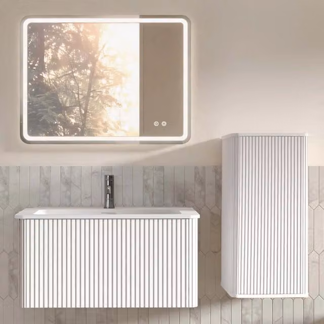 Set Mobile Bagno Sospeso 60 cm con Lavabo, Specchio LED Quadrato e Colonna Laterale, Bianco