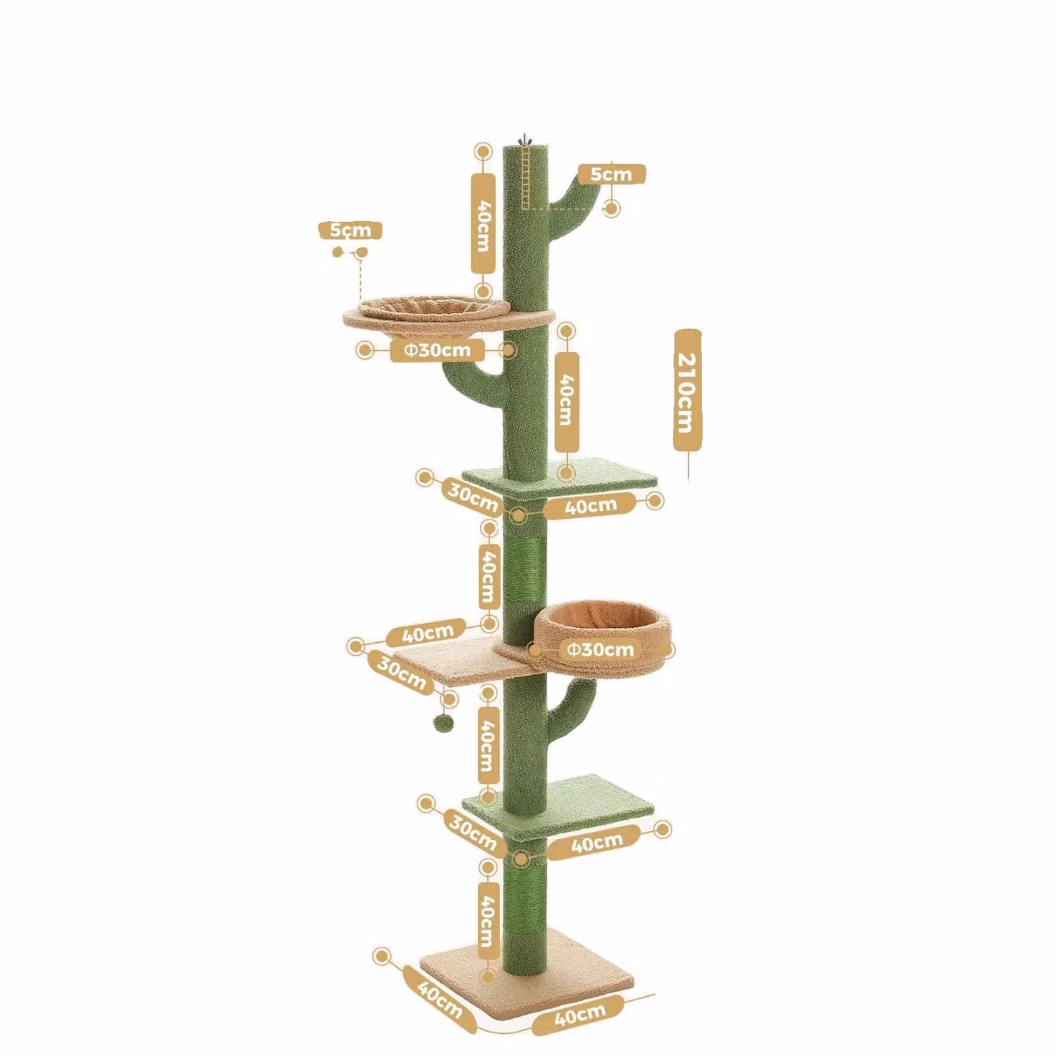Albero per gatti, torre a 5 livelli dal pavimento al soffitto, 205-255 cm, tiragraffi in sisal, amaca, AMT0246GN, come da immagine