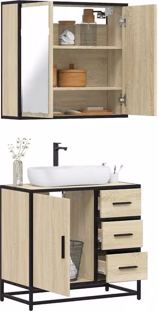 Set Mobili da Bagno Industrial vidaXL in Legno e Metallo, Colore Marrone e Beige, composto da Mobile Lavabo e Armadietto con Specchio – 1
