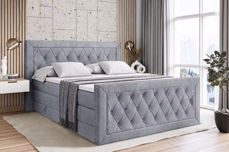 Letto boxspring ALTDECOR con materasso e rete a doghe, topper, pediera, letto imbottito con contenitore, letto con vano portaoggetti, materassi H3 e H4, letto matrimoniale, letto boxspring - NOEL-Z KING - 140x200 - Grigio velluto