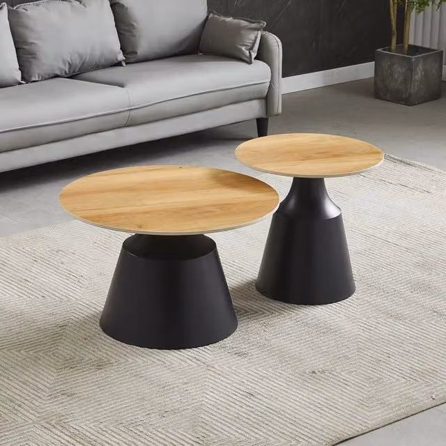Set di Tavolini Rotondi Dual Veriaffari in Ceramica e MDF Rovere con Struttura in Metallo Nero per Soggiorno Moderno