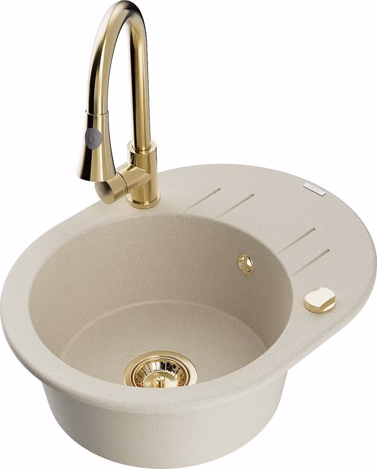 Mexen Kevin lavello da cucina in granito con 1 vasca e sgocciolatoio e rubinetto Elia, beige - 6517-69-670101-50