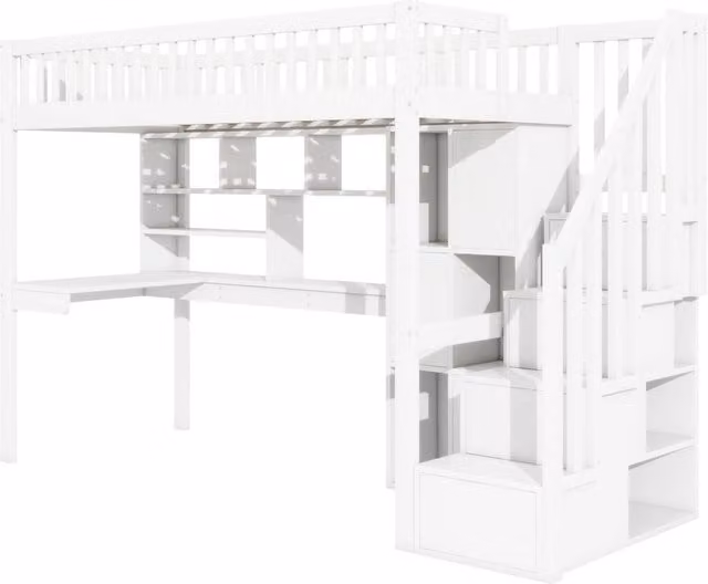 Letto a soppalco 90x200 cm in legno di pino e MDF con luci LED, scaletta con ripiani, scrivania e scomparti, colore bianco, senza materasso