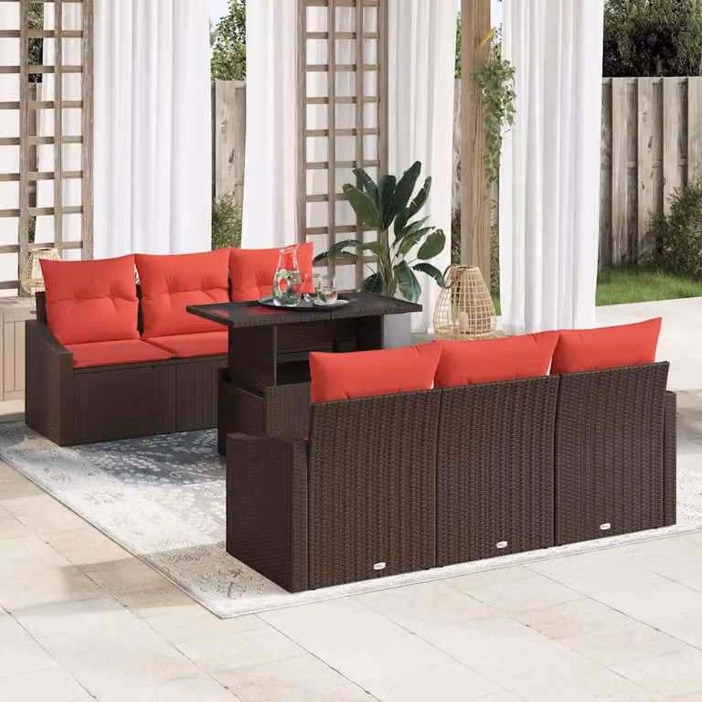 Set Divano da Giardino vidaXL 7 Pezzi a Forma di U con Tavolino, Colore Marrone e Rosso