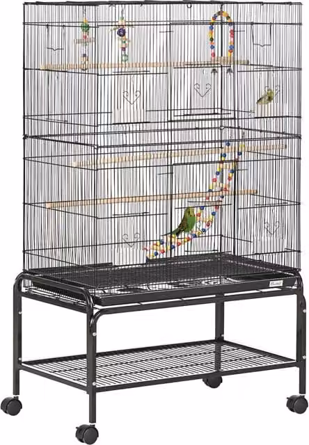 Gabbia per uccelli con supporto con ruote 79 x 49 x 133 cm vassoio estraibile e ripiano stile moderno ed essenziale in acciaio nero 21_0007580
