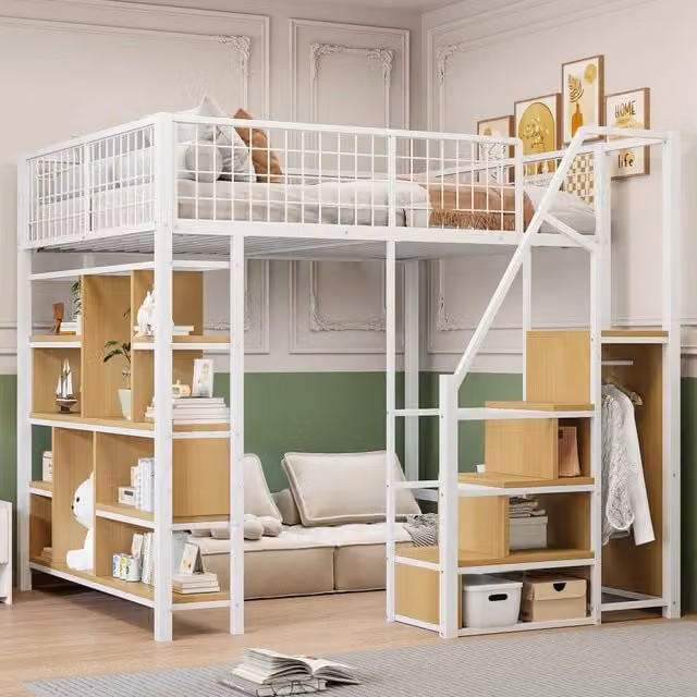 Letto a soppalco 140x200 cm con scala contenitore; struttura in metallo e legno; bianco; per piccoli spazi