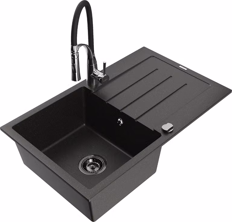 Mexen Bruno lavello in granito a 1 vasca con scolapiatti e miscelatore cucina Aster, nero/oro metallizzato - 6513-75-73450-07-B