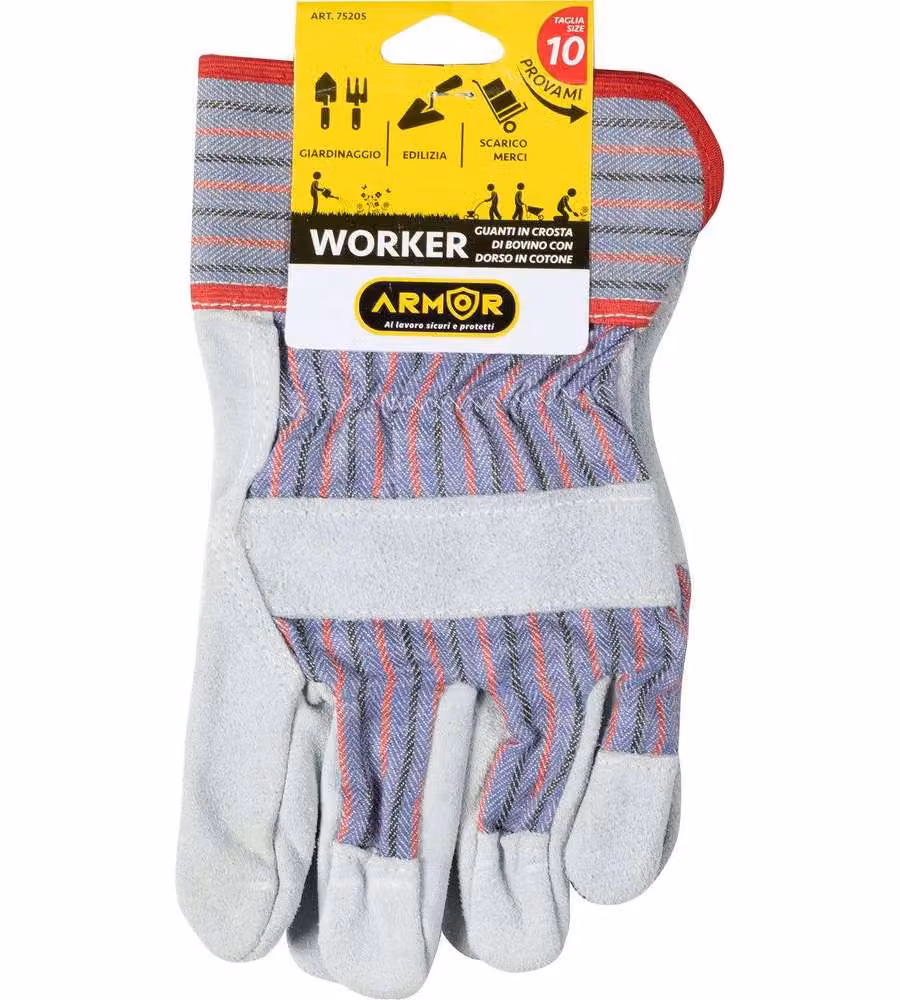 Guanti in pelle o crosta di bovino con dorso in cotone Worker taglia 10
