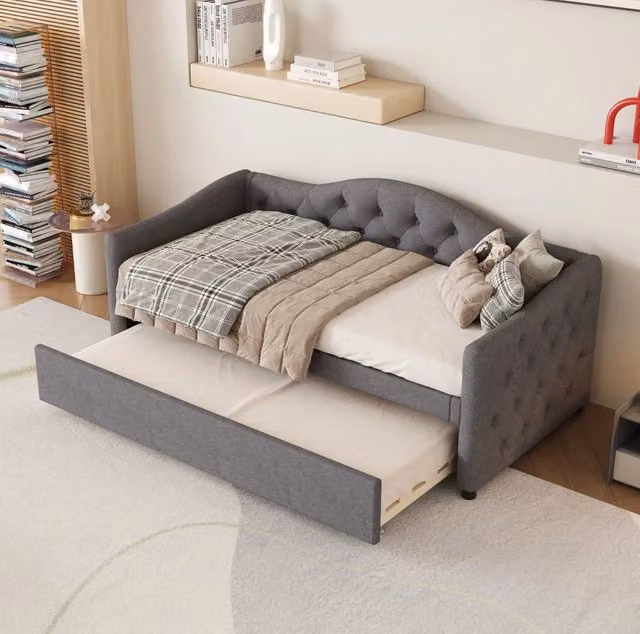 Letto singolo 90x200 cm in lino grigio con letto estraibile, senza materasso