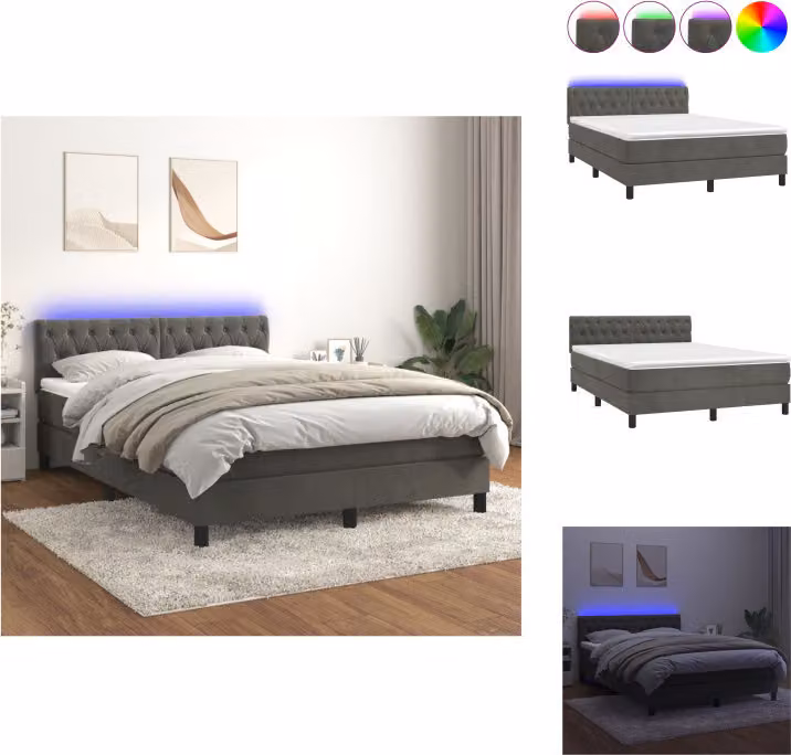 vidaXL Letto a molle con materasso e LED in velluto grigio scuro 140x200 cm - Letti & strutture letto