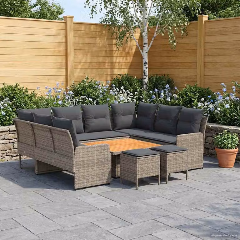 Set di mobili da giardino vidaXL a forma di L con sedute imbottite e tavolino, colore grigio e antracite, in rattan e legno di acacia con struttura in acciaio verniciato a polvere