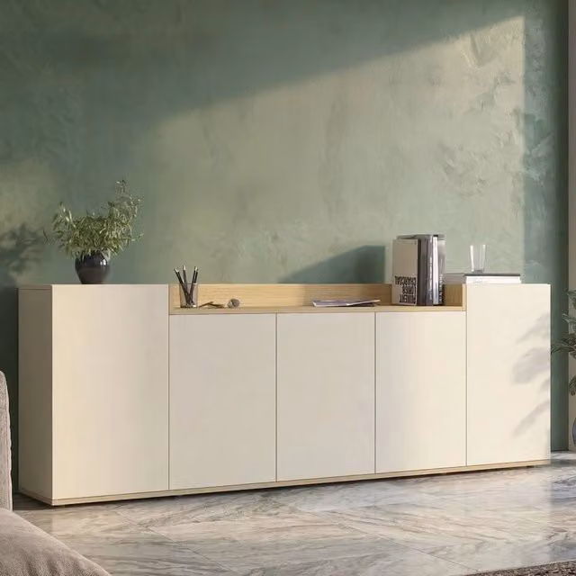 Madia Cordele DMORA con 7 ripiani, credenza moderna sospesa in finitura bianco cashmere e rovere, L: 200 cm, P: 35 cm, H: 70 cm
